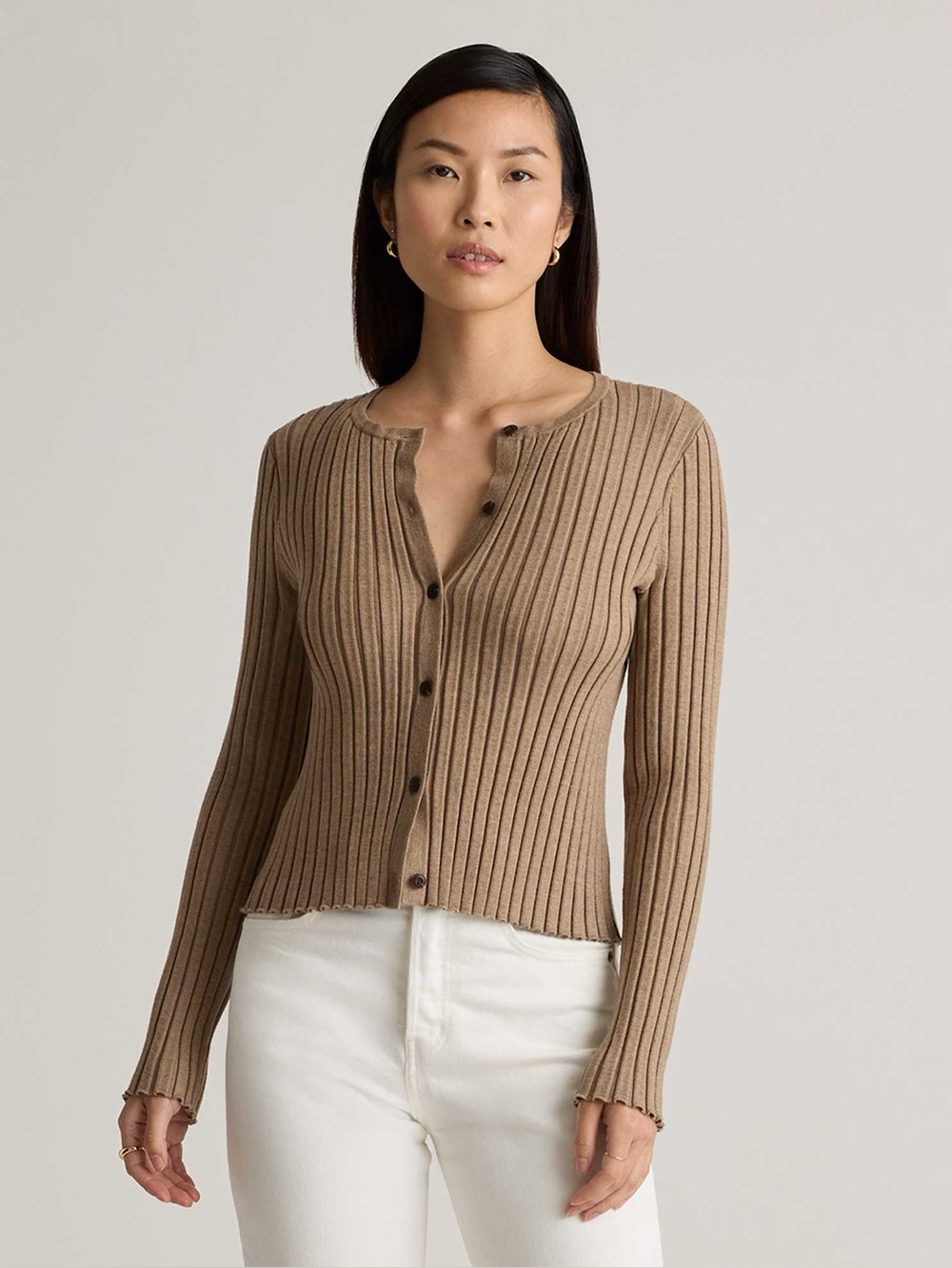Quince Eco-Knit Cropped Rib Cardigan Warm Taupe Tan M